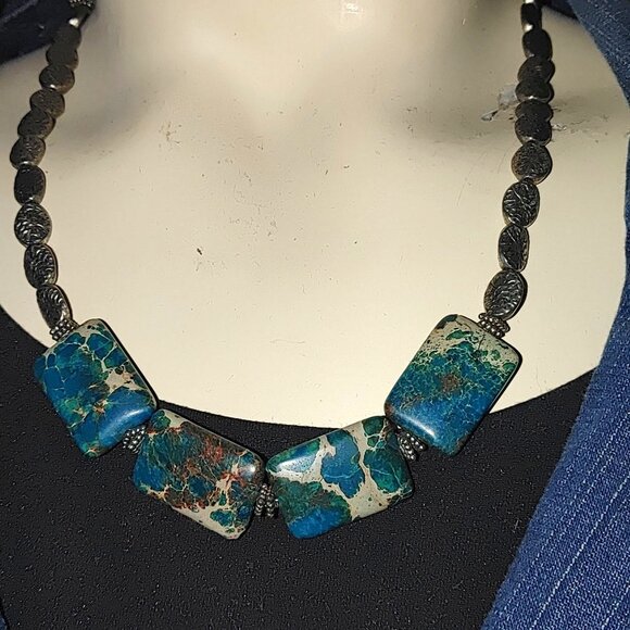 Vintage Silver Necklace Unknown Stone Brown Turquoise Tone Chunky Statement - Picture 1 of 16